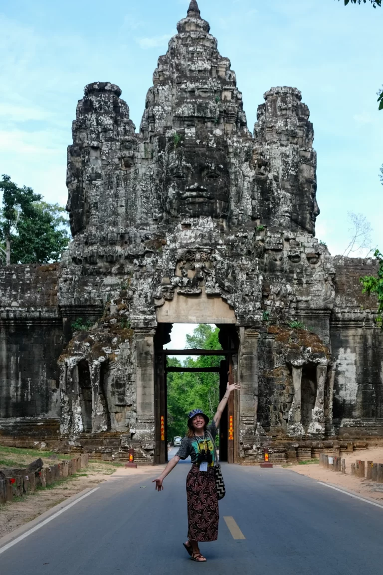 Bailey exploring ancient temple ruins in Siem Reap Cambodia